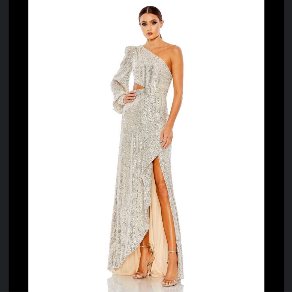 LEENA FOR MAC DUGGAL Sequin Cutout One-Shoulder Gown in Silver 4